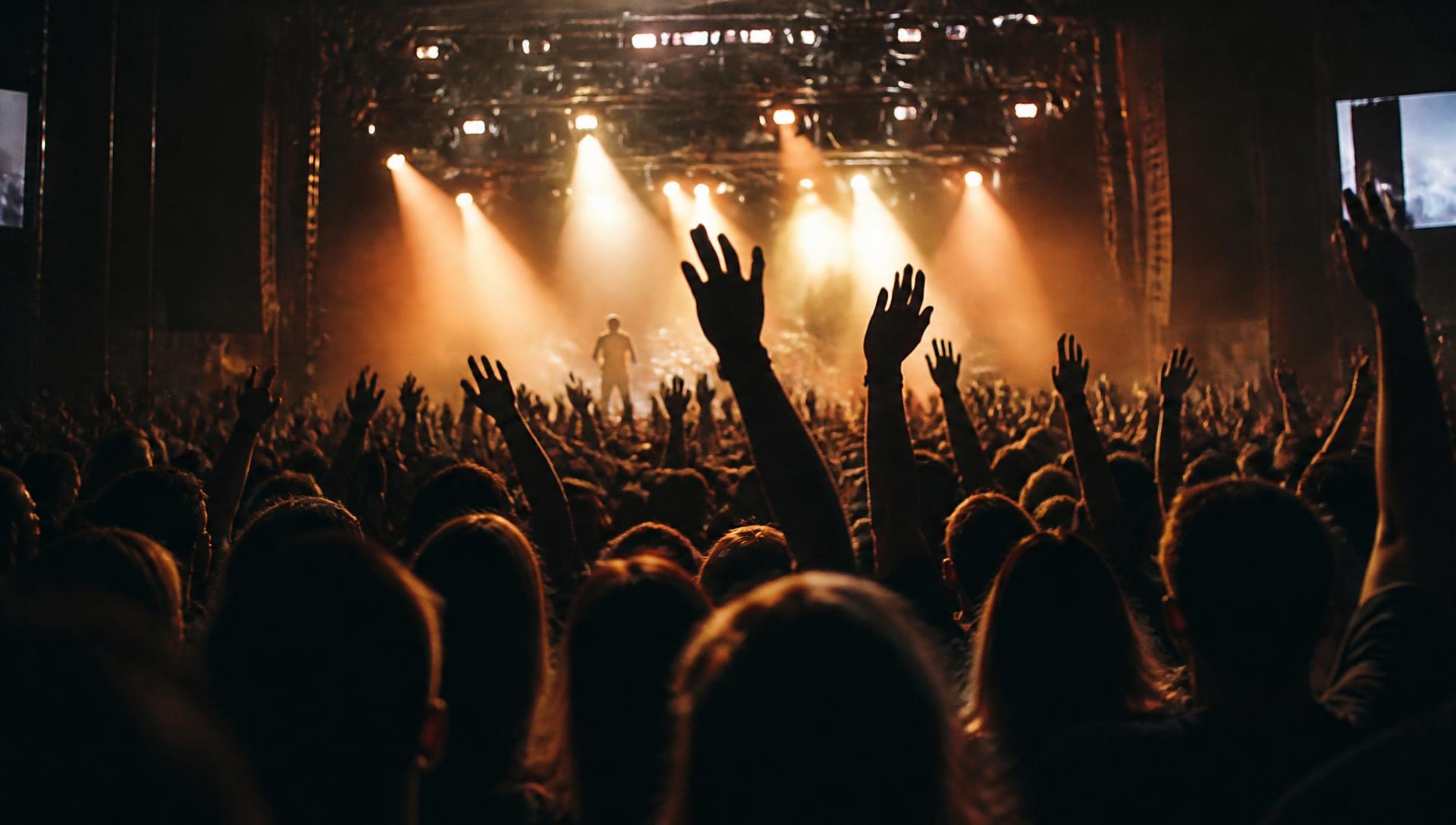 A packed crowd with hands raised at a live show